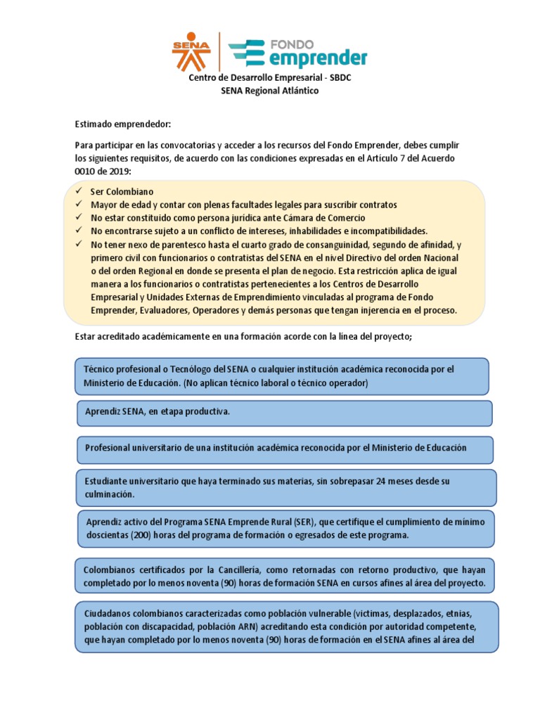 Carta Requisitos Minimos Fondo Emprender | PDF