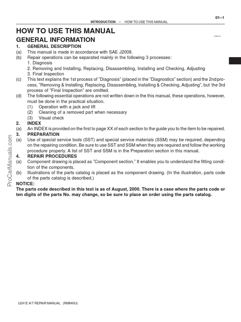 Toyota U241E Automatic Transmission Repair Manual RM840U PDF
