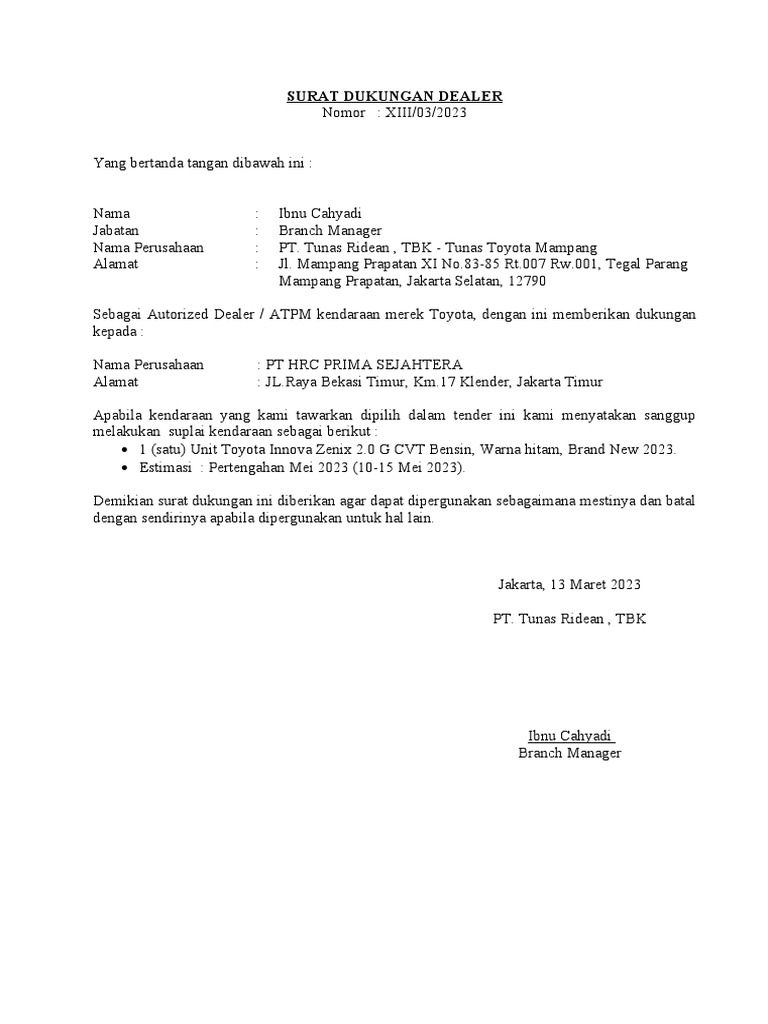 Surat Kesanggupan Supply Innova Zenix 2.0 G CVT Hiba Rent | PDF