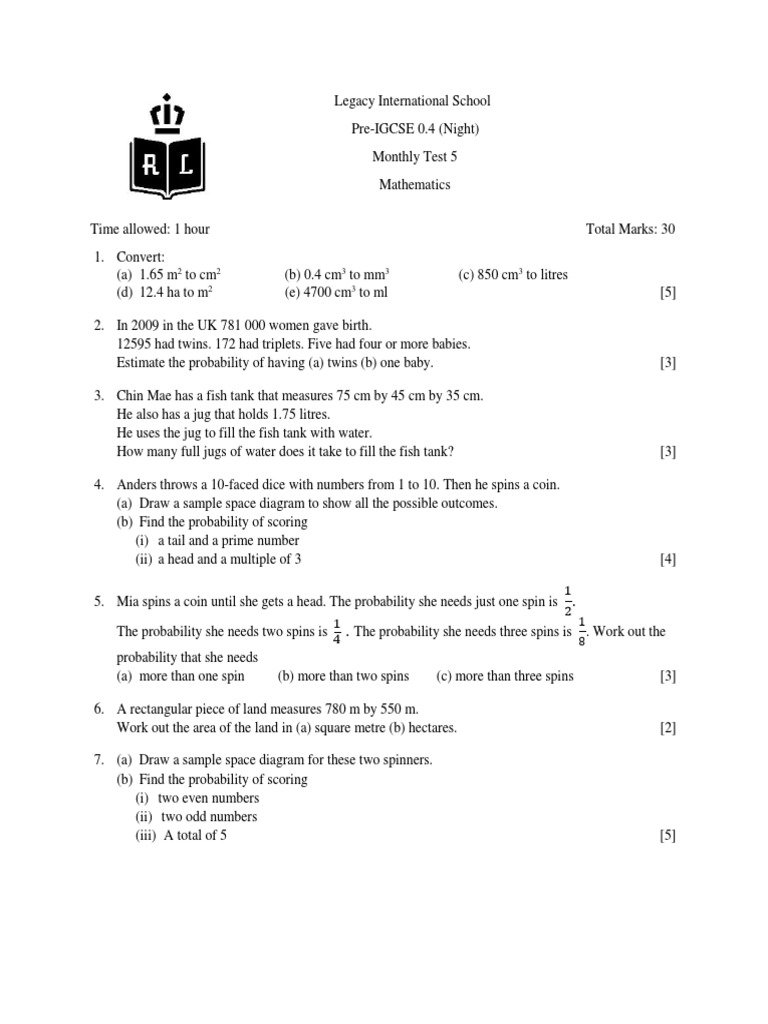 Maths Pre Ig 0.4 March | PDF | Probability | Science