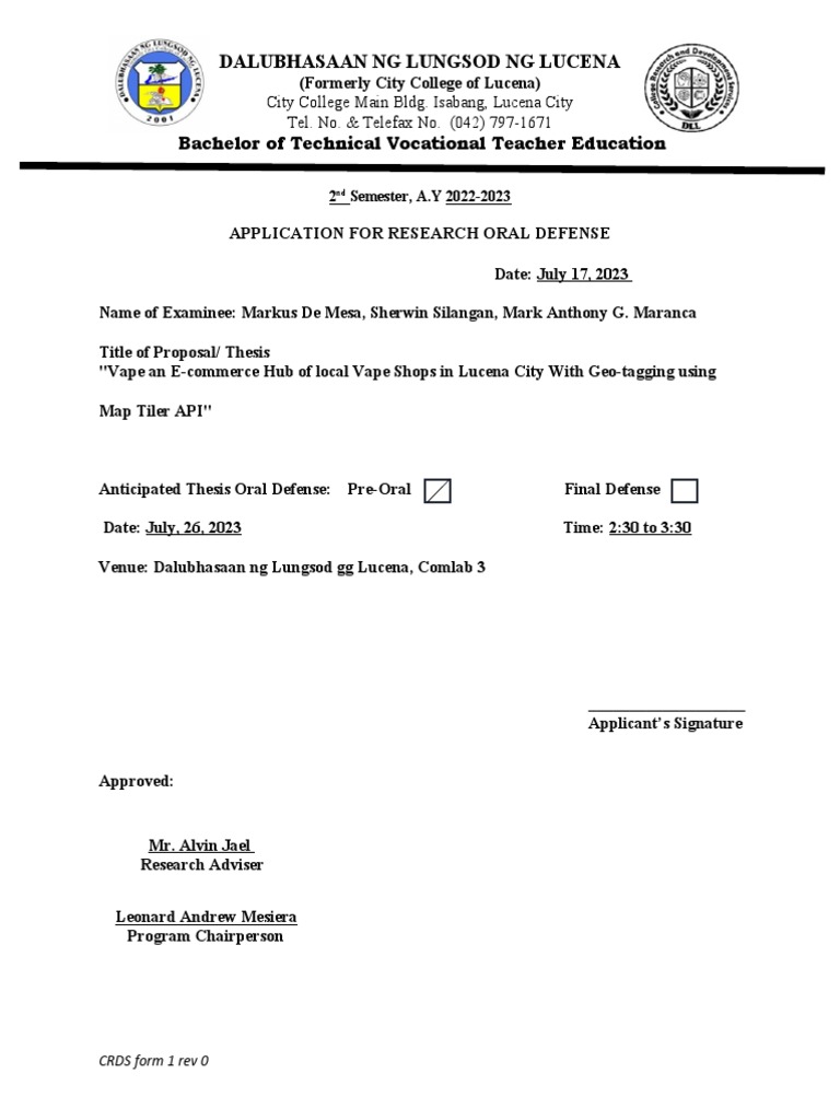Form 1 Application For Research Oral Defense AROD | PDF