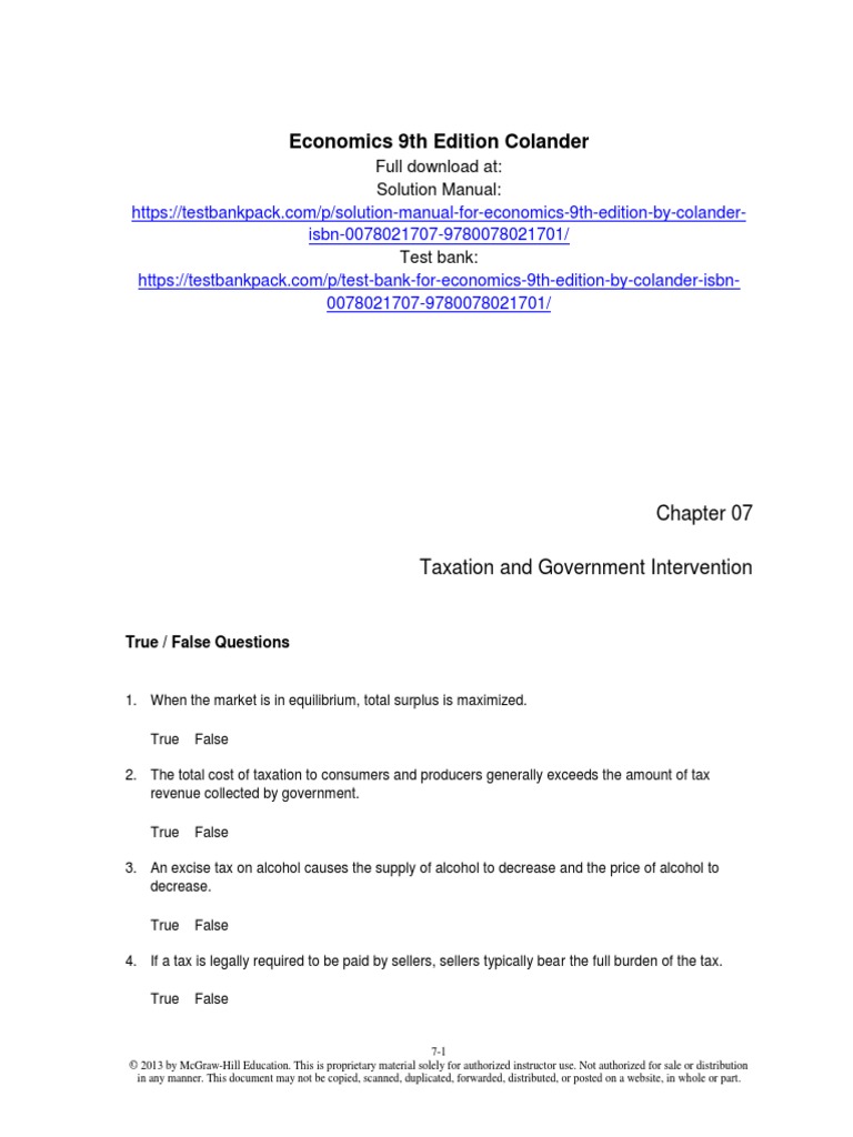 Economics 9th Edition Colander Test Bank 1 PDF Economic Surplus Elasticity (Economics)