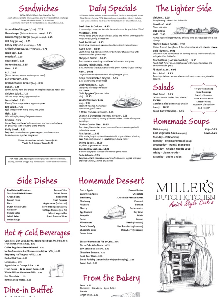 Millers To Go Menu Salad Hamburgers