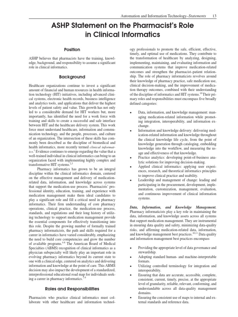 Pharmacists Role Clinical Informatics PDF Health Informatics Pharmacy