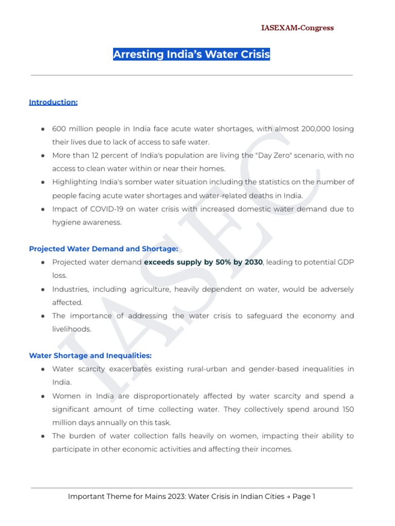 Mains 2023 Theme - Water Crisis in Indian Cities Updated | PDF | Sewage ...