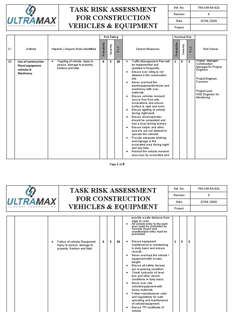Risk Assessment for Construction Vehicles | PDF