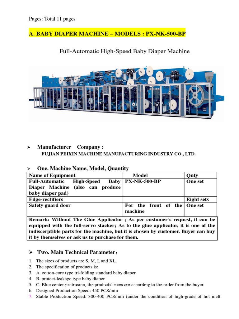High-Speed Baby Diaper Machine PX-NK-500-BP | PDF
