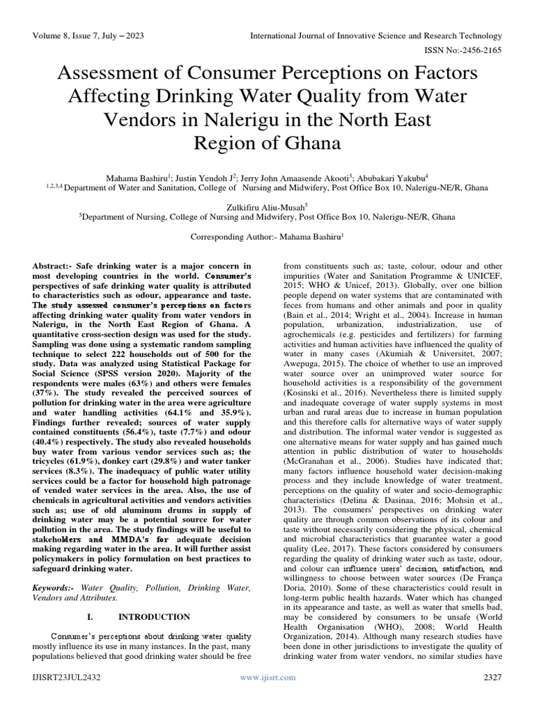Assessment of Consumer Perceptions On Factors Affecting Drinking Water