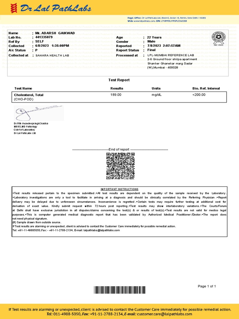 Cholesterol Test Report - Adarsh Gaikwad | PDF | Lipid | Metabolic ...