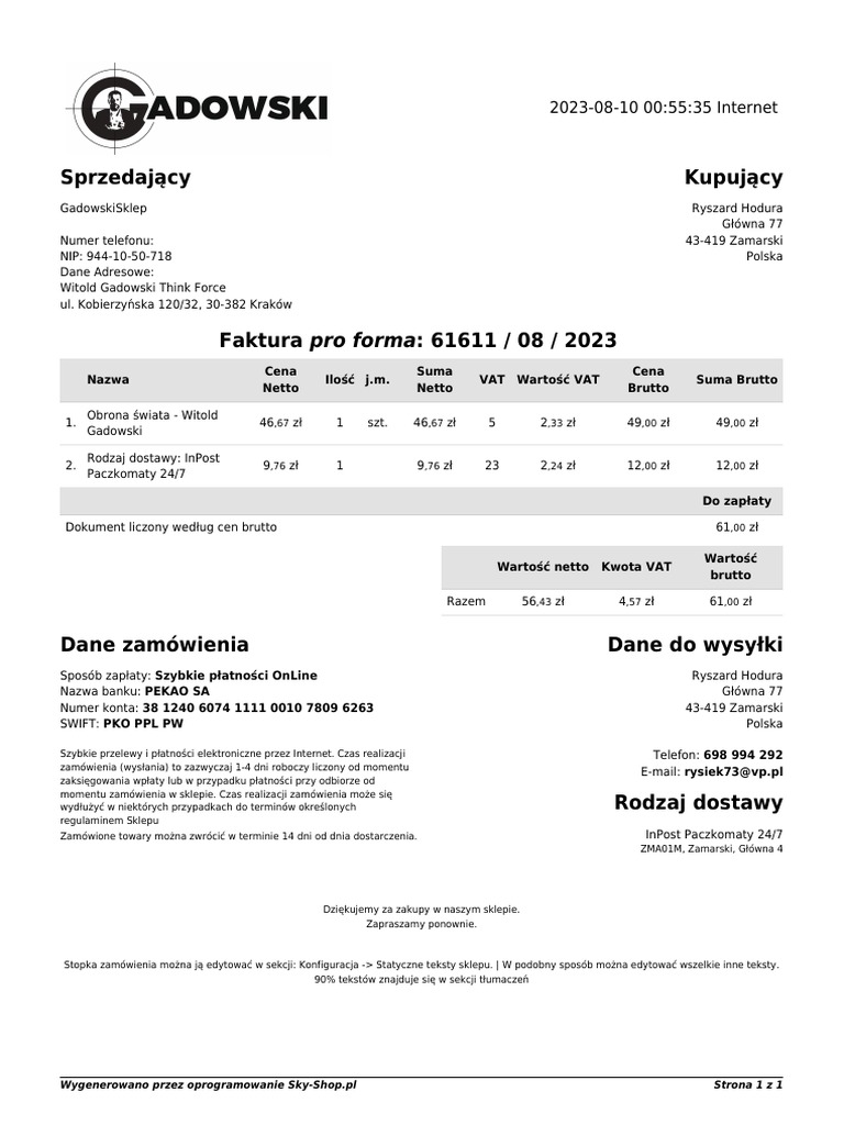 Faktura Proforma Zamowienie NR 61611 | PDF