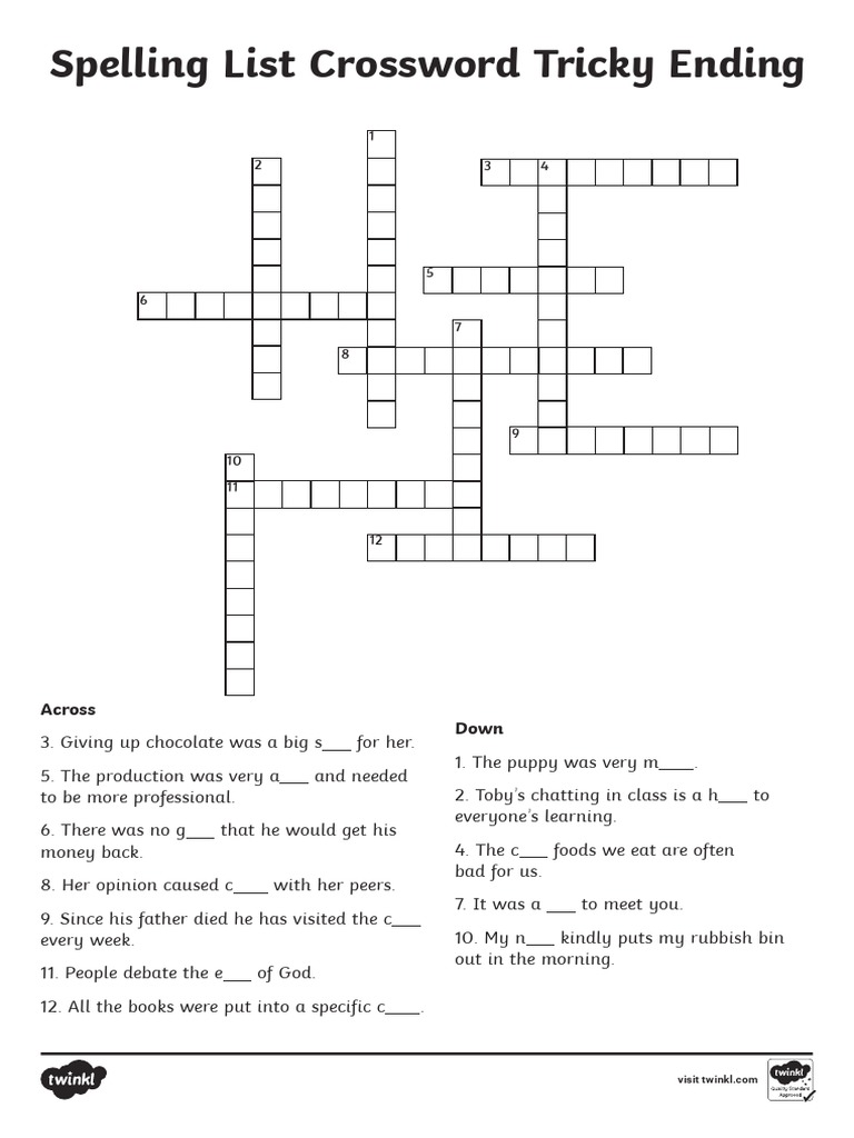 Spelling List Crossword Tricky Ending PDF