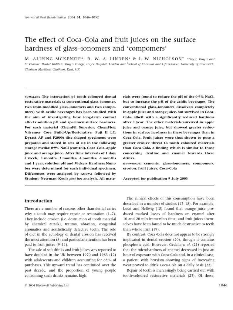 The Effect of CocaCola and Fruit Juices On The Surface Hardness of