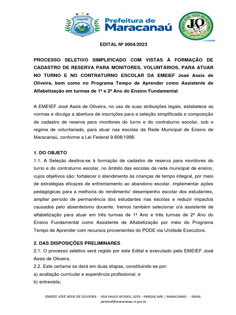 Edital 04 de 2023 Emeief José Assis de Oliveira Turno e Contra Turno ...