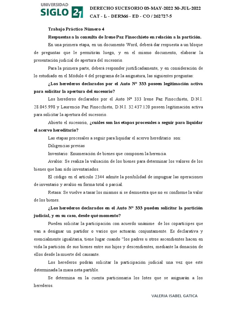 Trabajo Pr ctico N mero 4 Derecho Sucesorio PRIMERA PARTE PDF