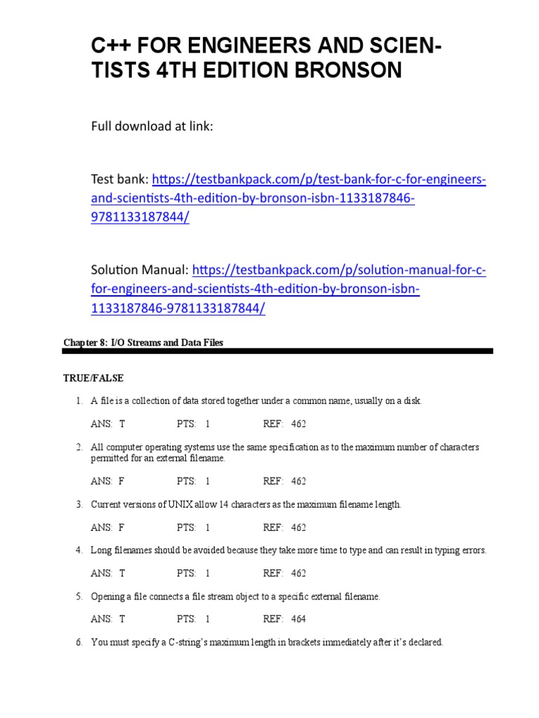 C++ For Engineers and Scientists 4th Edition Bronson Test Bank Download ...