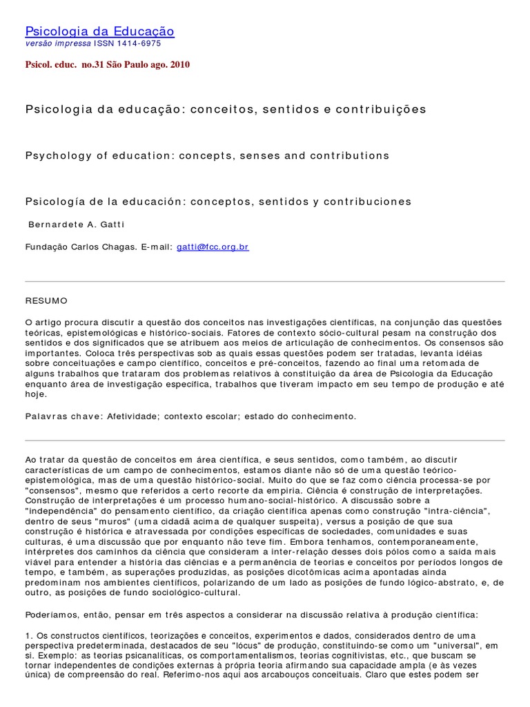 Psicologia da Educação: Conceitos e Desafios | PDF | Psicologia | Science