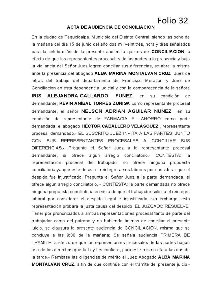 Acta de Audiencia de Conciliación Laboral | PDF | Justicia | Crimen y ...