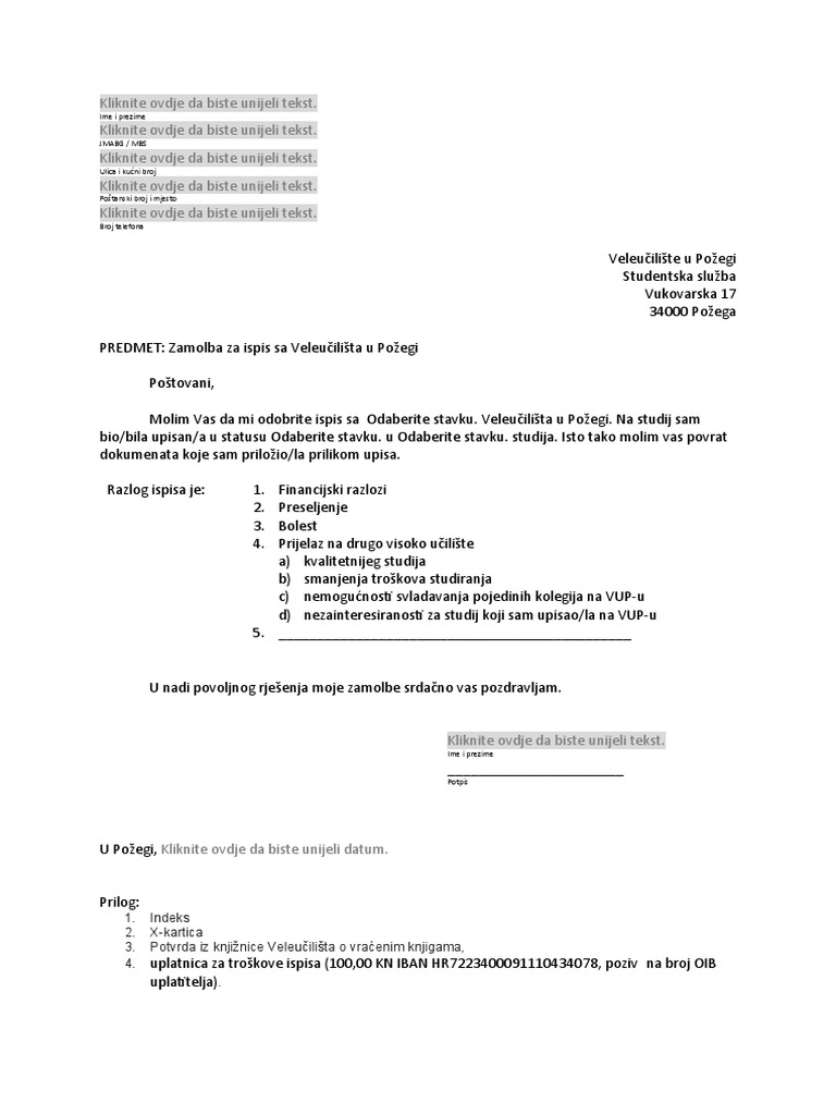 Ime I Prezime Jmabg Mbs Ulica I Ku ni Broj Po tanski Broj I Mjesto 