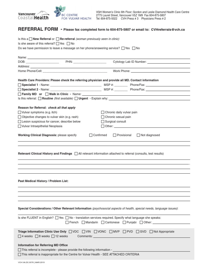 Vulvodynia Clinic Referral Form | PDF | Medicine | Cancer