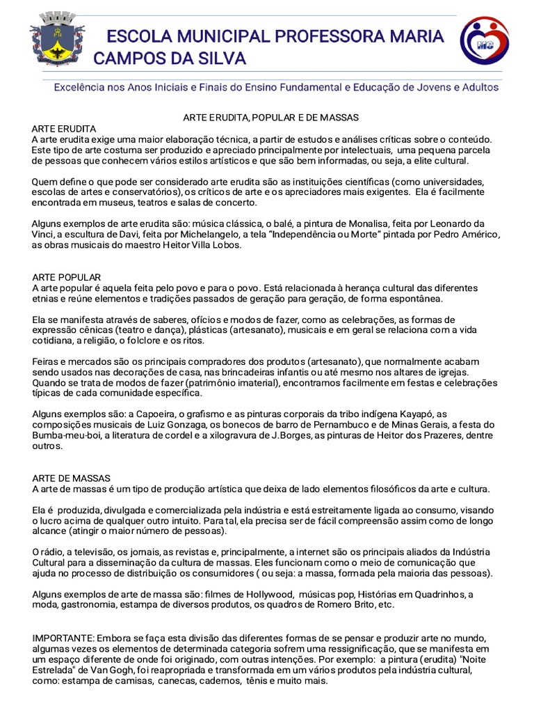 Arte Erudita Popular e de Massas | PDF | Música clássica | Cultura popular