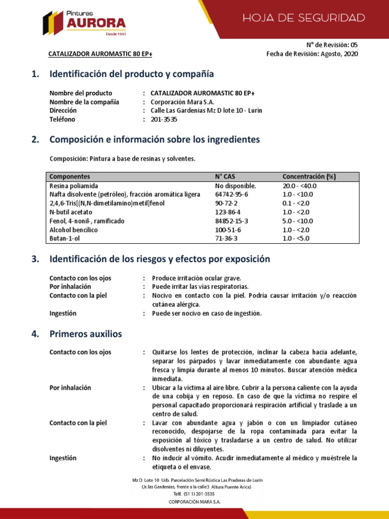 MSDS Auromastic 80 EP+ (Catalizador) | PDF