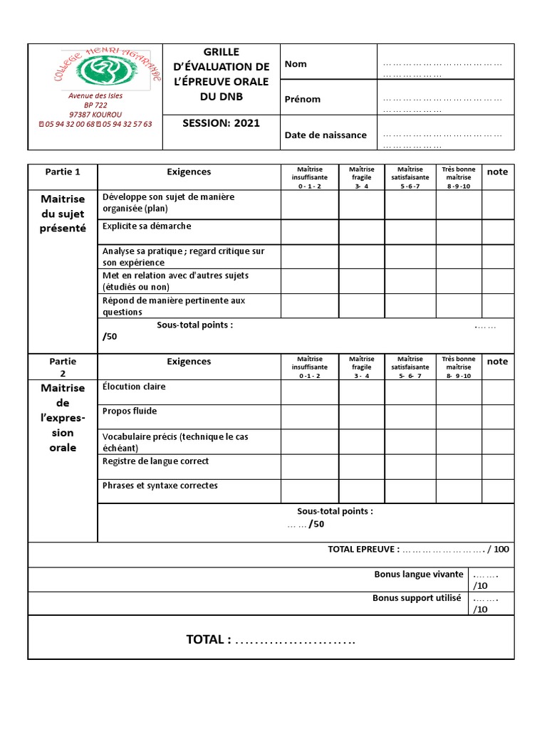 Grille d valuation oral du dnb coll ge henri agarande pdf
