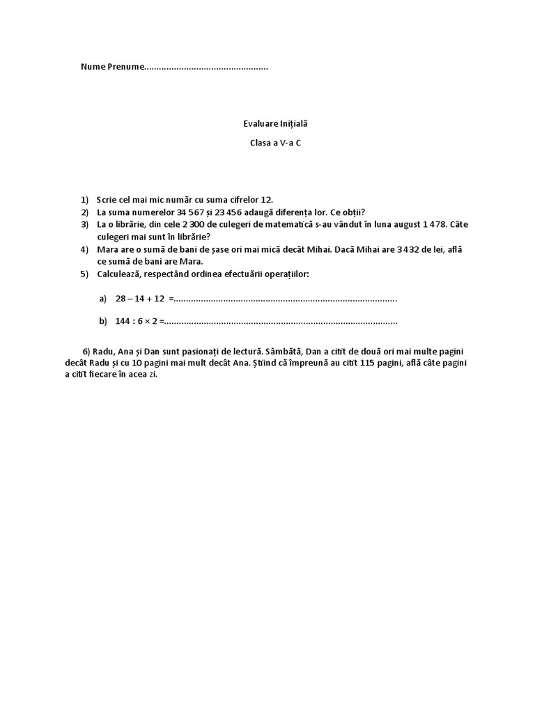 Clasa 5 Test Initial | PDF