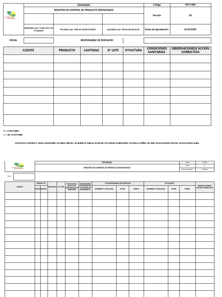 En-F-004 Registro de Control de Producto Despachado VS 03 | PDF