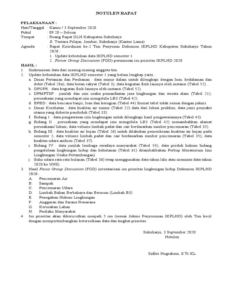 Notulen Rapat Koordinasi II IKPLHD 3 Sept 2020 | PDF