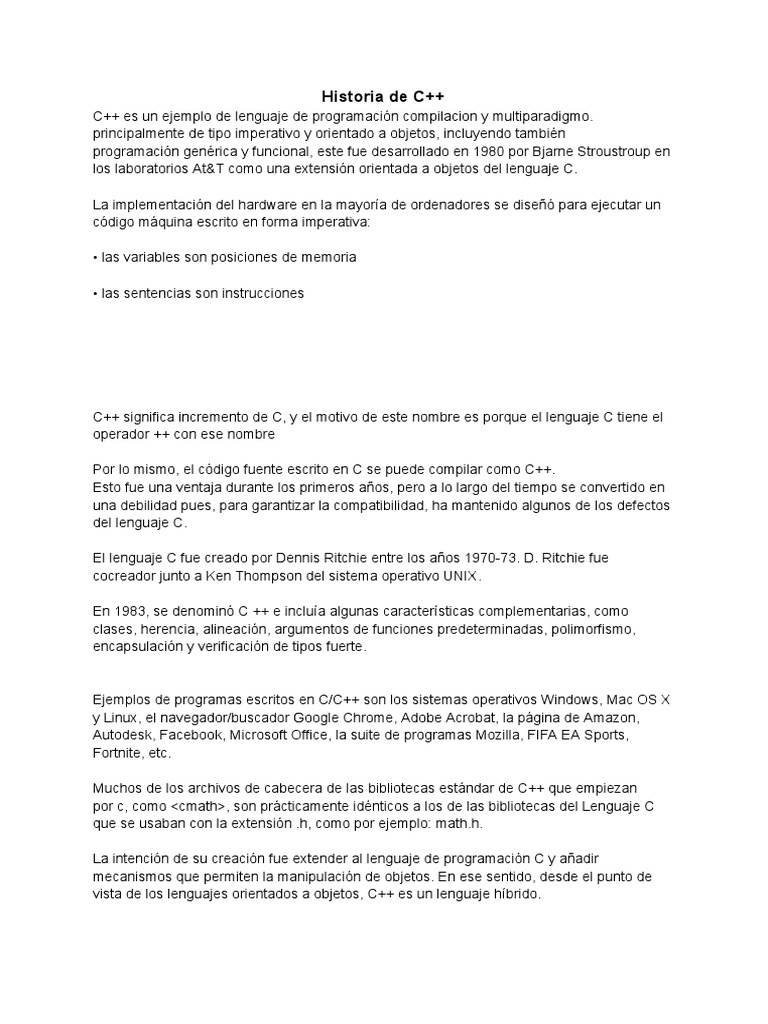 Historia de C++ | PDF | C ++ | C (lenguaje de programación)