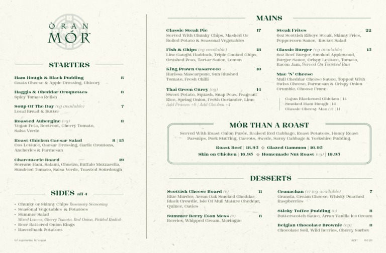 Oran Mor Sunday Roast Menu PDF Hamburgers French Fries