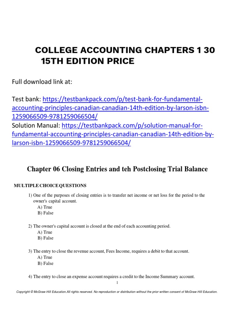 College Accounting Chapters 1 30 15th Edition Price Test Bank Download