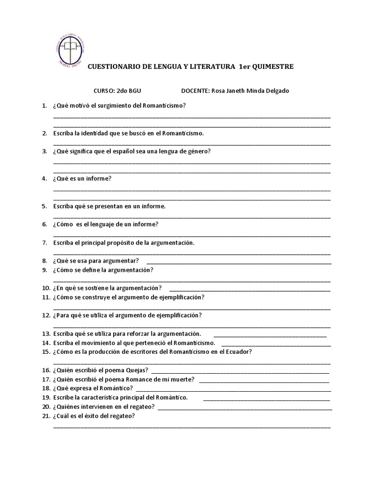CUESTIONARIO DE LENGUA Y LITERATURA 1er QUIMESTRE | PDF