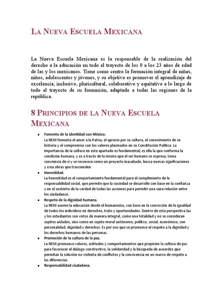 Ocho Principios de la Nueva Escuela Mexicana | PDF