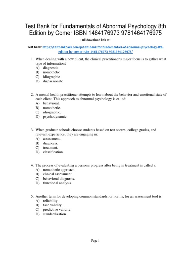 Fundamentals of Abnormal Psychology 8th Edition Comer Test Bank 1 PDF