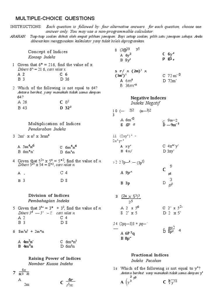 Form 3 Maths Chapter 3 Indices | PDF
