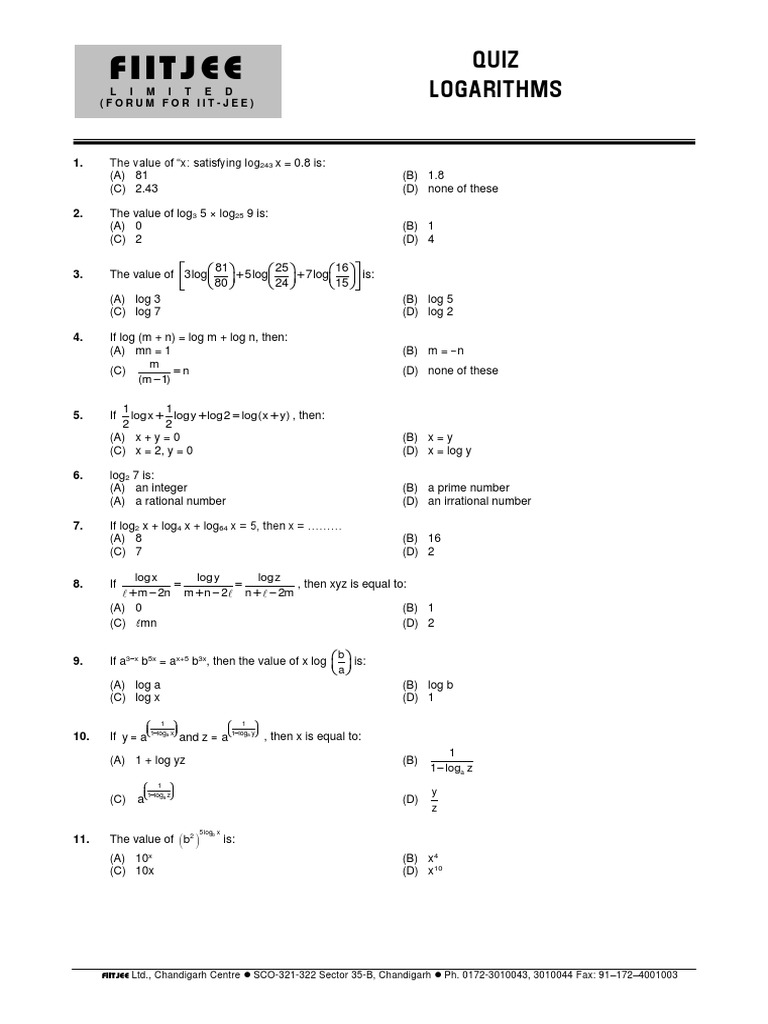 Quiz Logarithms (M SMC) PDF