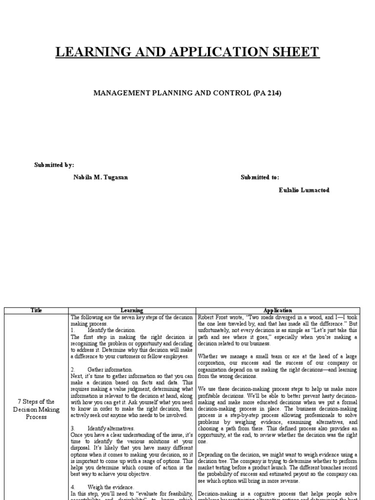 1 learning and application sheet pa214 pdf decision making choice
