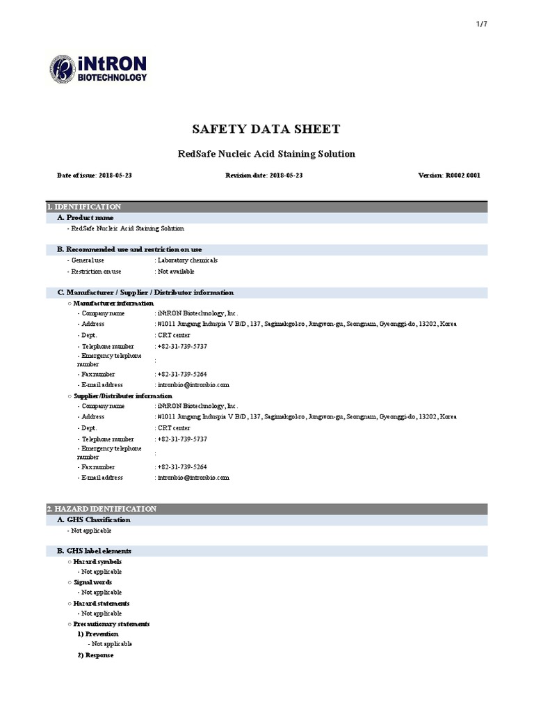 RedSafe Nucleic Acid Staining Solution | PDF | Dangerous Goods ...