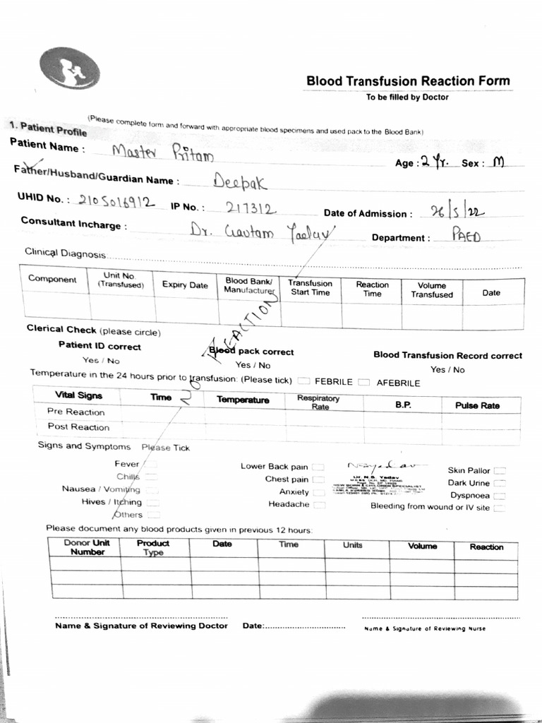 03 BT No Reaction Form KNH | PDF | Blood Transfusion | Fever