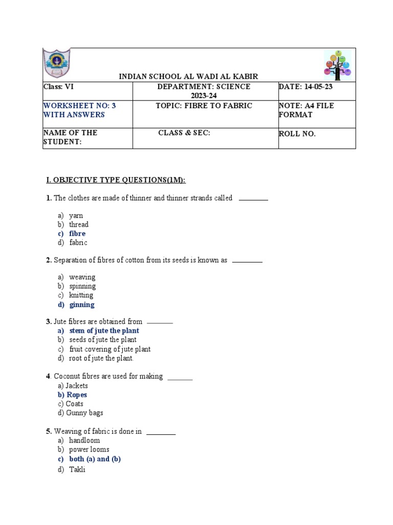 Worksheet No: 3 With Answers: A) Yarn B) Thread D) Fabric | PDF ...