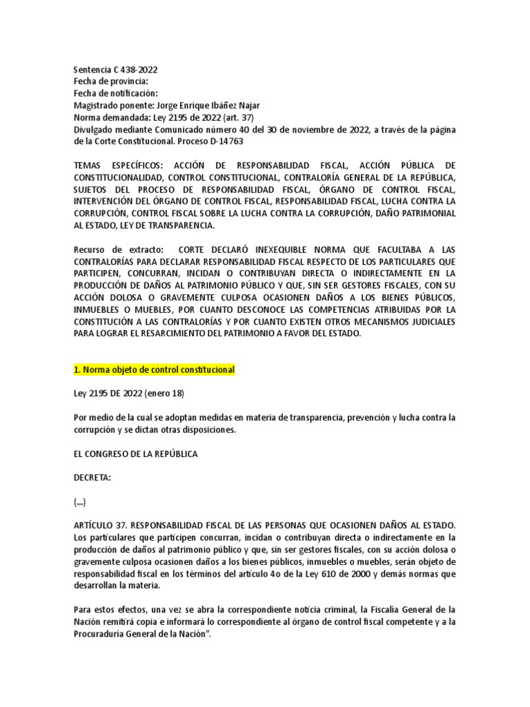 Sintesis Completa Sentencia C 438 | PDF