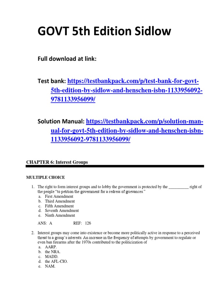 GOVT 5th Edition Sidlow Test Bank 1 | PDF