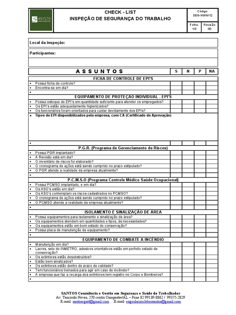 Checklist de Inspeção de Segurança do Trabalho | PDF