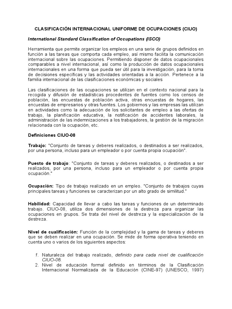 Clasificación Internacional Uniforme de Ocupaciones (Ciuo) | PDF
