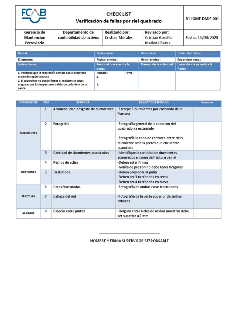 Check List Verificacin de Fallas Por Riel Quebrado | PDF