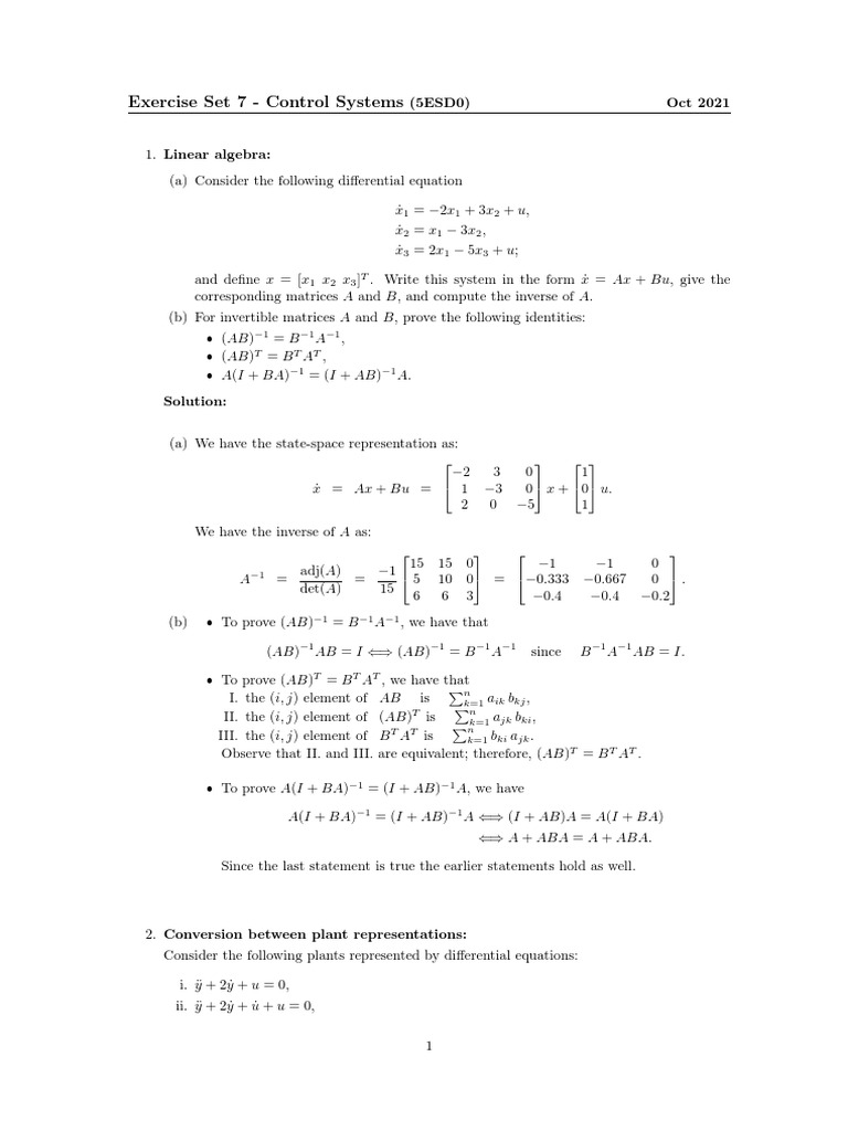 Control Systems Exercise Set | PDF | Teaching Methods & Materials