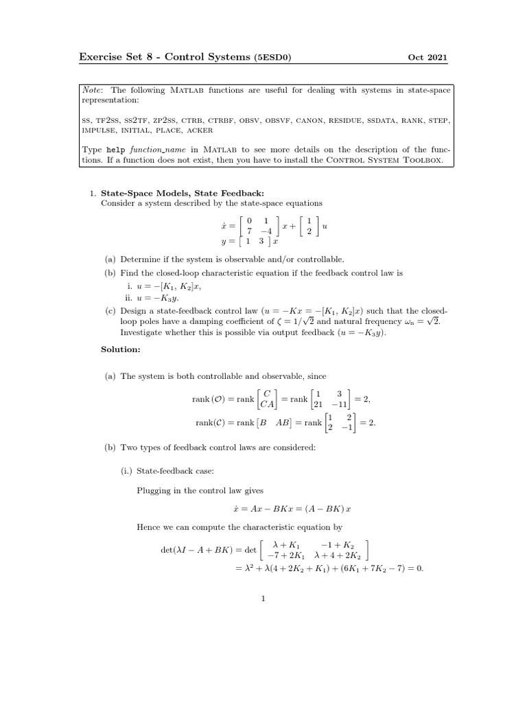Control Systems Exercise Set 8 | PDF | Control Theory | Mathematics