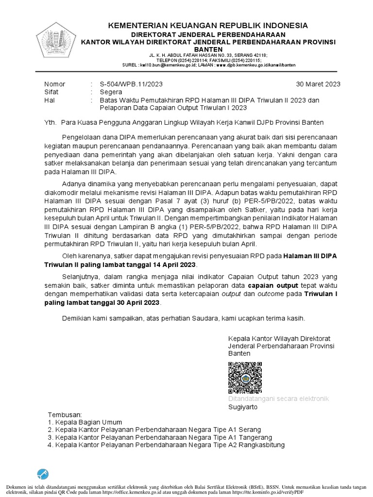 Batas Waktu Pemutakhiran RPD Halaman III DIPA Triwulan II 2023 Dan