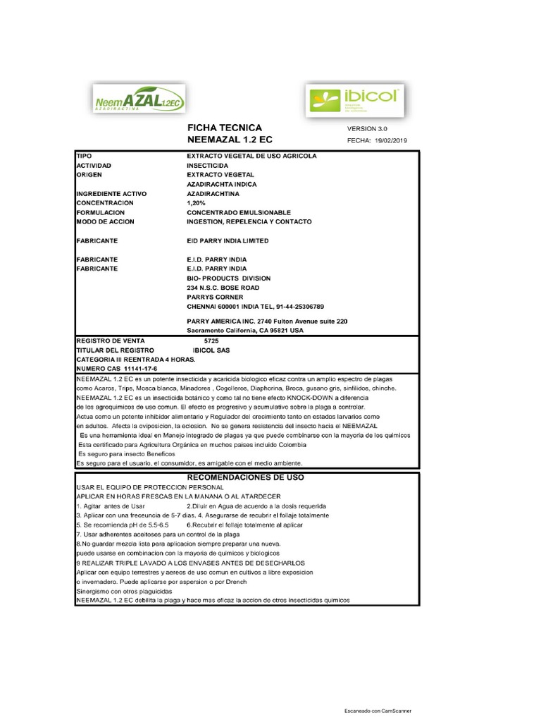 Ficha Técnica Neemazal | PDF